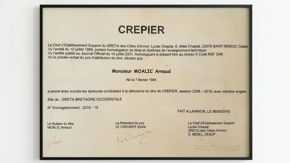 Diplôme de crêpier d'Arnaud Moalic, obtenu en 2010